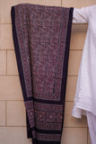 Black and Beige Hand-Block Printed Lawn Scarf with Floral Motifs