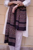 Black and Beige Hand-Block Printed Lawn Scarf with Floral Motifs